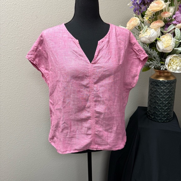 Tahari Tops - Tahari 100% Linen Pink Split Neck Short Sleeve Top M Summer Lightweight Blouse
